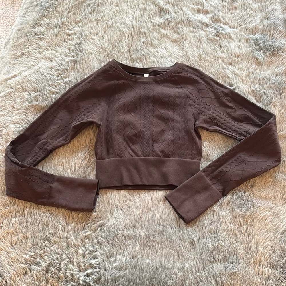 JoyLab Brown Cropped Knit Long Sleeve Shirt
